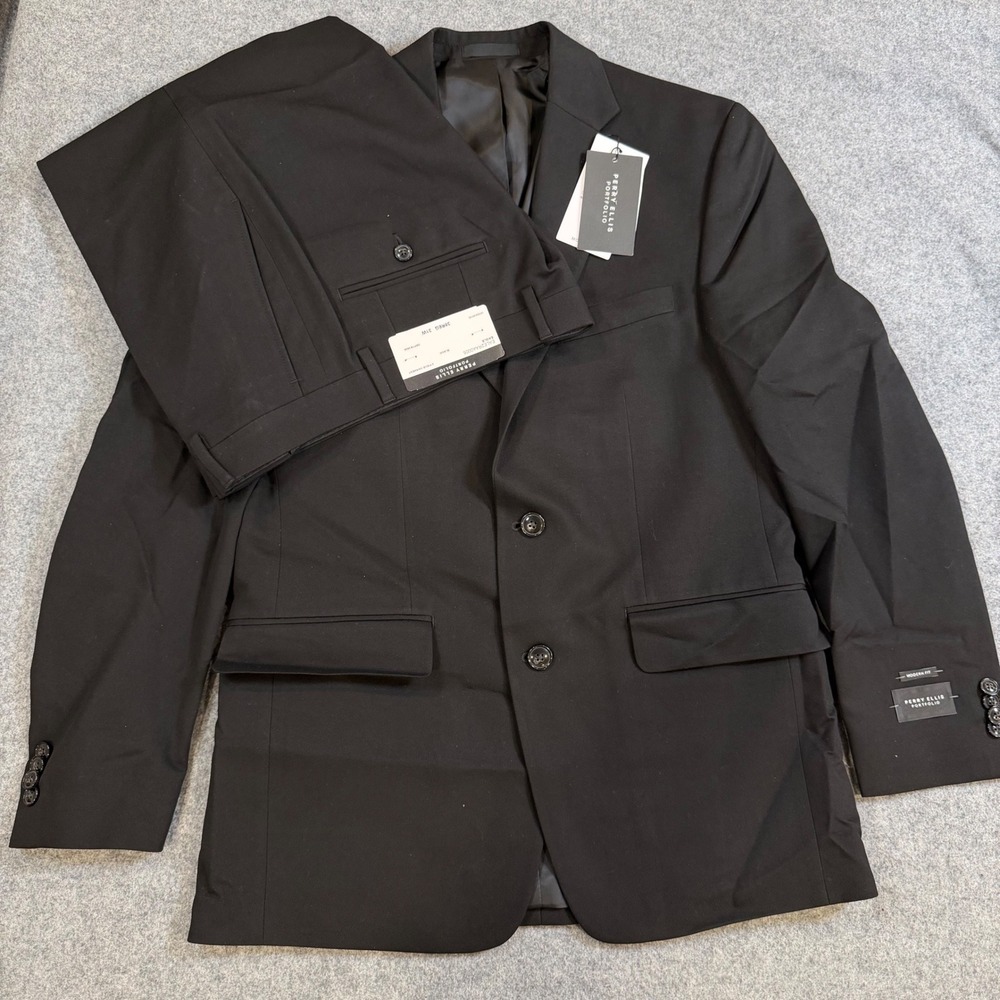 Perry Ellis Portfolio Mens 2 Piece Suit 38R 31W Black Modern Fit Eagle Suit